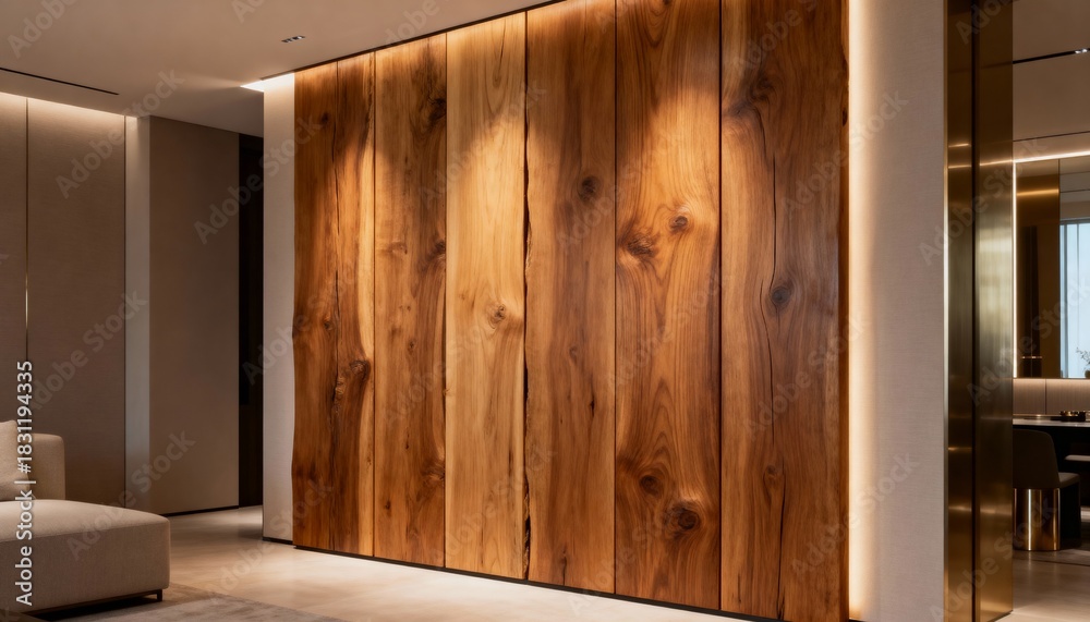 Fototapeta premium Installing polished reclaimed wood planks in a modern interior showcasing smooth surfaces and refined finishes that enhance the elegance of the feature wall.