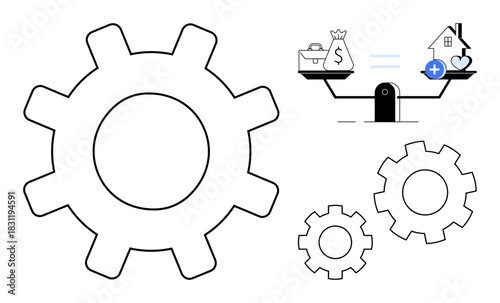Work-life balance concept gear mechanics, scales, and icons for health, finance, and productivity. Work-life balance ation for management and efficiency . Great for business, wellness, time
