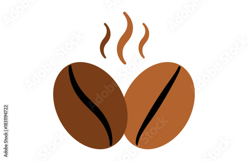 Illustration of two coffee beans with steam rising above them on a white background