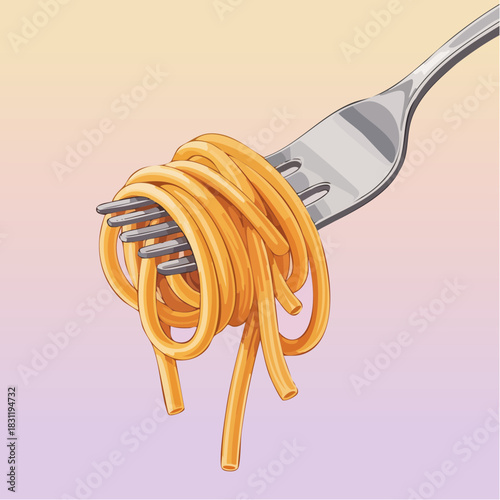 spaghetti twirled on fork over pastel gradient in stylized close-up of texture and warmth