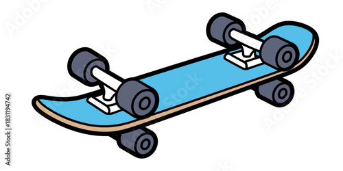 Illustration of a blue skateboard with black outline and gray wheels on a white background