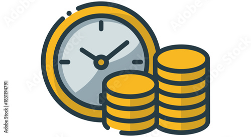 Illustration of a clock with hands indicating the time next to stacks of golden coins