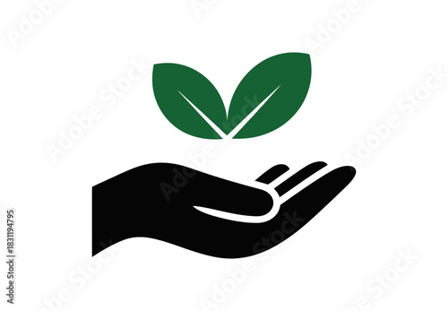 A stylized black hand is holding two green leaves on a white background design art
