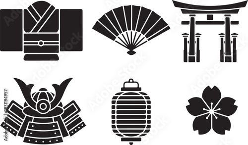 Japanese Cultural Icons: Kimono, Fan, Torii Gate, Samurai Helmet, Lantern, Cherry Blossom