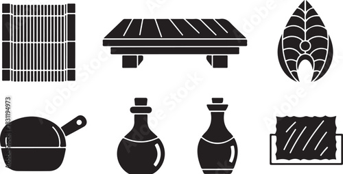 Japanese Cuisine Icons: Sushi Mat, Cutting Board, Fish, Pan, Bottles, and Napkin