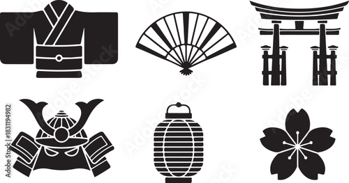 Japanese Cultural Icons: Kimono, Fan, Torii Gate, Samurai Helmet, Lantern, Cherry Blossom