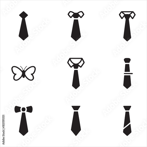 Collection of different tie and bowtie icons with a butterfly illustration