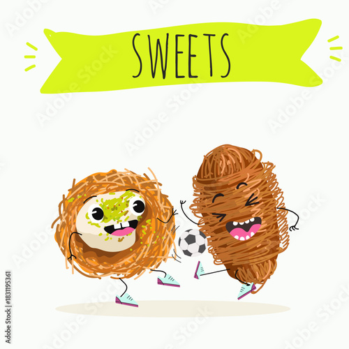 Funny Characters Turkish Traditional dessert, Kunafa, Konafa, Kanafeh, kadayif or mabroma, roll. Hand drawn vector illustration.