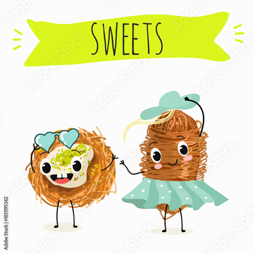 Funny Characters Turkish Traditional dessert, Kunafa, Konafa, Kanafeh, kadayif or mabroma, roll. Hand drawn vector illustration.