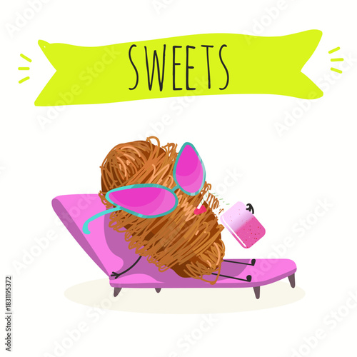 Funny Characters Turkish Traditional dessert, Kunafa, Konafa, Kanafeh, kadayif or mabroma, roll. Hand drawn vector illustration.