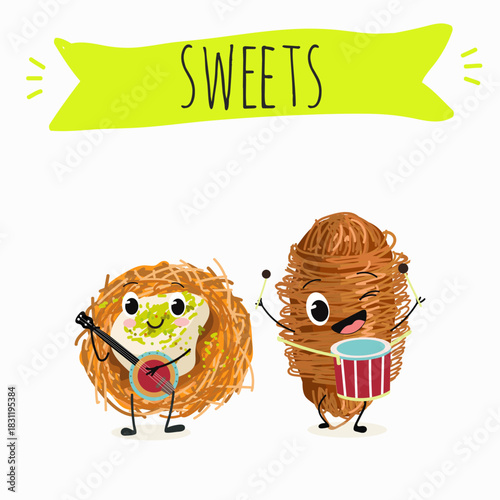 Funny Characters Turkish Traditional dessert, Kunafa, Konafa, Kanafeh, kadayif or mabroma, roll. Hand drawn vector illustration.