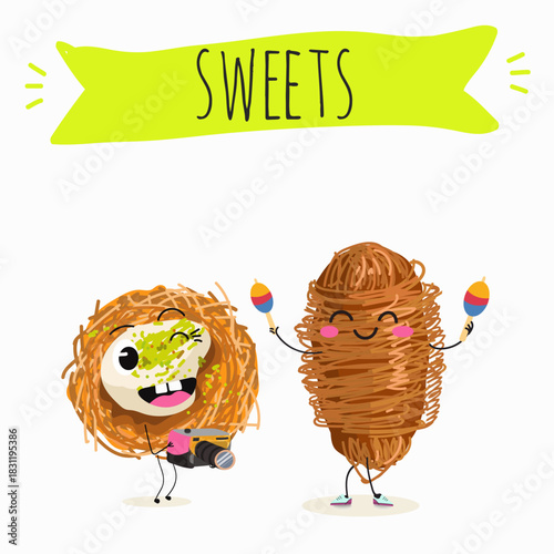 Funny Characters Turkish Traditional dessert, Kunafa, Konafa, Kanafeh, kadayif or mabroma, roll. Hand drawn vector illustration.