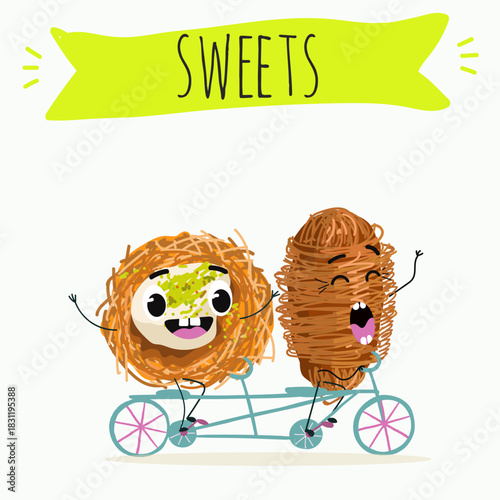 Funny Characters Turkish Traditional dessert, Kunafa, Konafa, Kanafeh, kadayif or mabroma, roll. Hand drawn vector illustration.