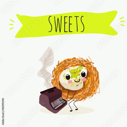 Funny Characters Turkish Traditional dessert, Kunafa, Konafa, Kanafeh, kadayif or mabroma, roll. Hand drawn vector illustration.