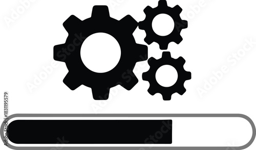 Interlocking mechanical gears rotating above a loading progress bar, symbolizing system development, settings, updates, and operational processes in motion.