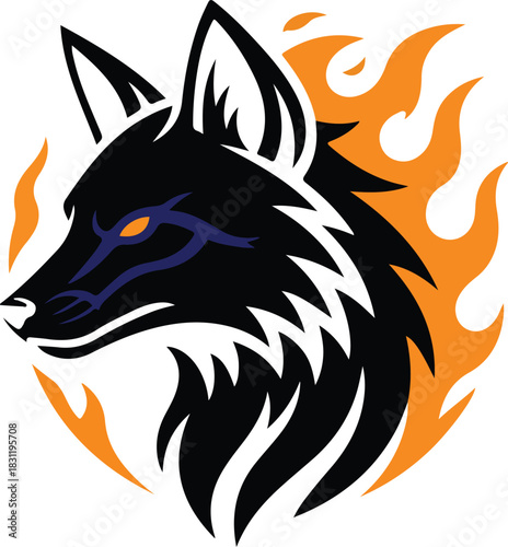 Stylized black fox head logo with fiery orange flames and intense yellow eyes, dynamic wild animal illustration emblem for branding power