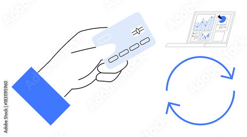 Hand holding credit card near dashboard displaying analytics and cycle arrows. Ideal for finance, payments, recurring billing, digital banking, analytics, e-commerce, fintech. Simple flat metaphor