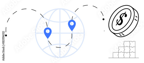 Global financial transactions. Visualizing money transfer through location markers, a globe, and a dollar coin symbol. Global financial transactions supporting trade, fintech, banking, online