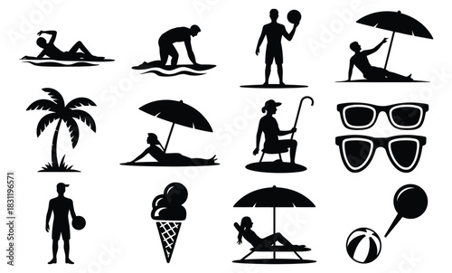 Beach vacation and summer activity icons set for travel Vector