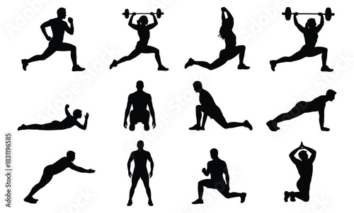 Dynamic fitness exercises: diverse human workout silhouettes Vector