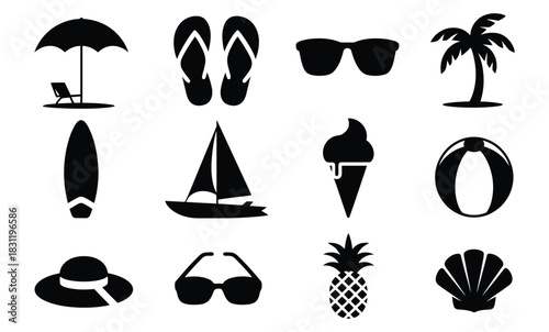 Summer vacation beach holiday travel essential icons set Vector