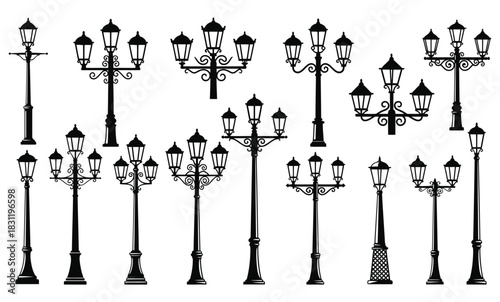 Vintage street lamp silhouettes set, decorative urban lighting Vector