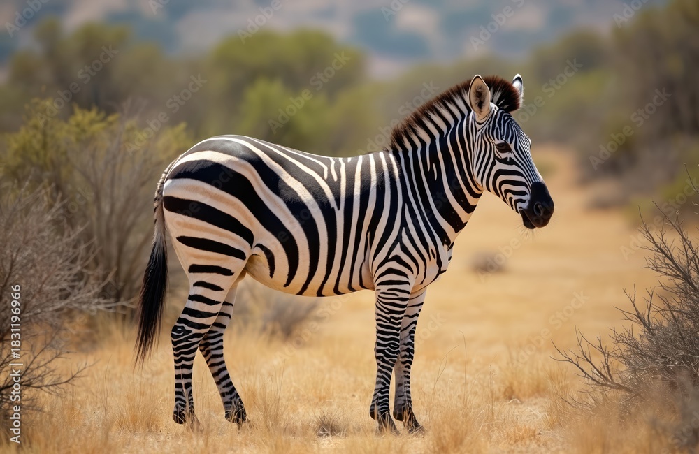 Obraz premium Wild zebra stands in dry savanna grass in Africa. Unique black, white stripes clearly visible on body. Iconic Burchells zebra mammal looks around natural environment, majestic creature.