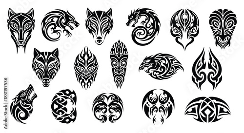 Vector Tribal Animal Head Designs in Black Silhouette Style, Graphic Art Collection, Studio Environment, Top View Concept for Tattoo and Icon Inspiration