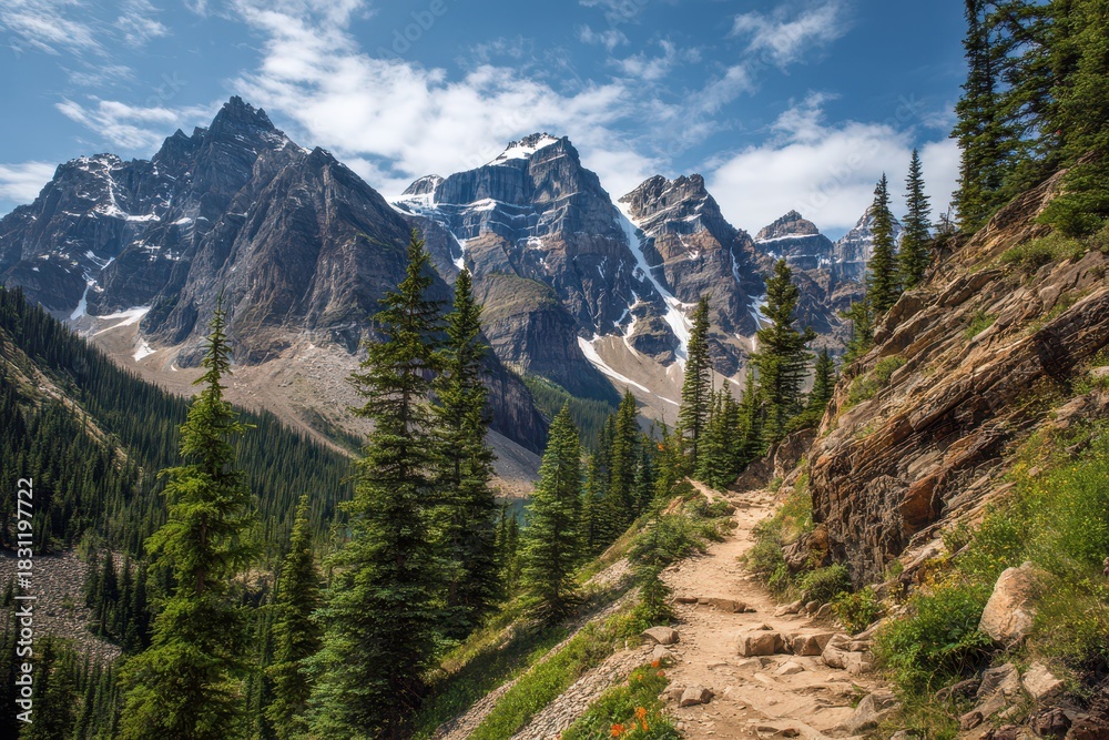 Obraz premium Breathtaking Hiking Trail Through Lush Forests and Majestic Peaks in the Canadian Rockies, Banff National Park, Canada