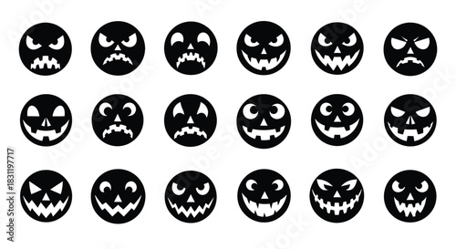 Vector collection of Halloween pumpkin faces, spooky jack-o'-lantern emotions, graphic design set, black and white icons, digital art, flat style view