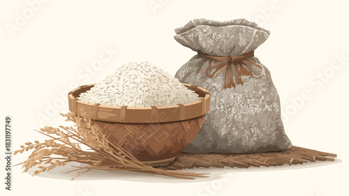 Basket of Rice with a Picture of a Bag - Professional Food Photography