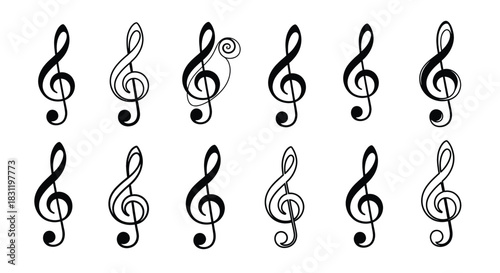 Vector collection of treble clef music symbols in black line art style, isolated on white background, graphic design elements, flat vector icons set