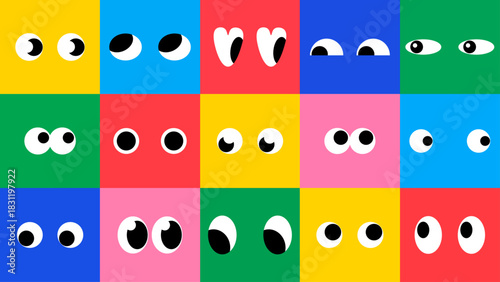 Playful geometric stickers featuring kawaii mascots with emotional eyes in a fun doodle character set.