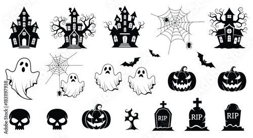 Halloween-themed vector illustrations featuring haunted houses, ghosts, pumpkins, skulls, and cobwebs in a spooky night environment from front view