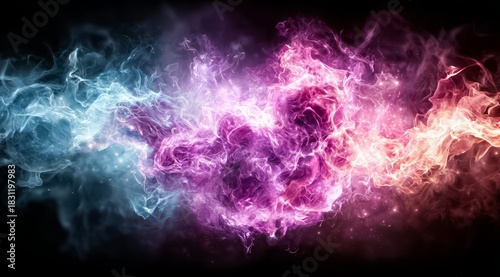 Colorful fire with blue, pink and purple flames. The fire is very bright and colorful
