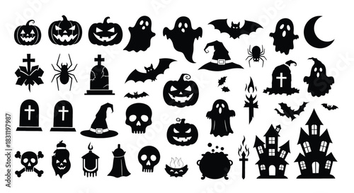 Halloween Vector Icons Collection Featuring Pumpkins, Ghosts, Bats, Witches, and Haunted Houses in Black Silhouette Style for Spooky Design