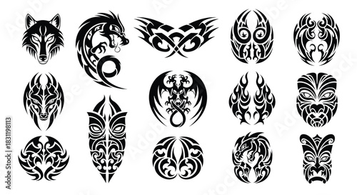 Vector Art Tribal Tattoo Designs Collection, Abstract Animal and Symbolic Patterns, Graphic Illustration Set, Black Ink Style, Isolated on White Background
