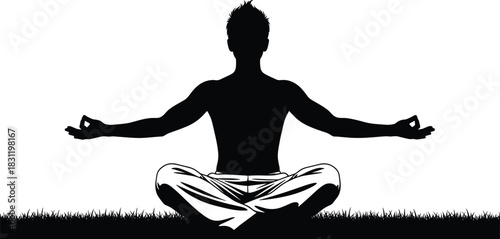 Meditation silhouette on grass, cross-legged pose, mudra gesture, peaceful yoga icon, black vector, mindfulness, calm outdoor design