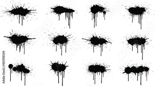 Ink splatter set, black grunge drips, abstract paint stains, messy blot collection, artistic texture, isolated elements, vector design