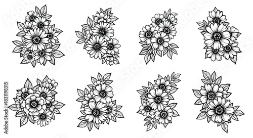 Vector floral bouquet designs featuring diverse intricate flowers, nature-inspired graphic illustrations with a clean white background, top-down view for creative use