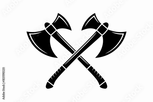 Silhouette vector illustration of two crossed axes in EPS format, perfect for design projects, logos, branding, tattoo artwork, historical graphics, posters, and creative warrior-themed illustrations.