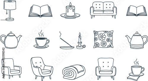 Cozy home icons, comfort symbols, interior decor line art, relaxation elements, tea, books, candles, armchairs, pillows, blanket, warmth