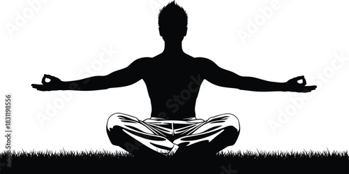 Meditating silhouette on grass in mudra pose, mindfulness concept, inner peace, yoga icon, black figure, nature connection
