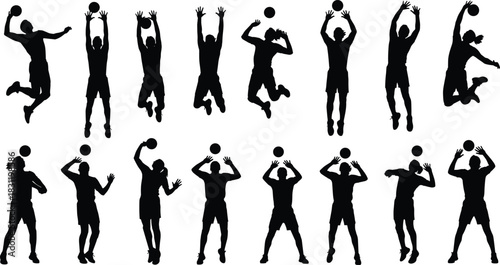 Volleyball player silhouette collection in action poses, dynamic sports movement, black icons, athletic skill, jump, spike, serve, block
