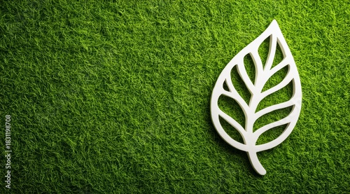 Leaf is on a green grassy field. The leaf is white and has a leafy shape