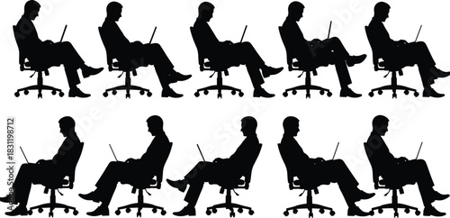 Office worker silhouettes on chairs using laptops, remote work concept, digital productivity, routine posture, business illustration, workplace repetition