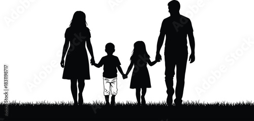 Family silhouette of four on grass, parents and children holding hands, unity concept, outdoor bonding, togetherness, support, love, care