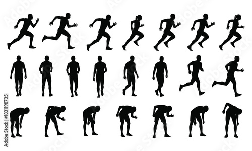 Running fatigue silhouette icon set, black vector athlete motion sequence, sprint walk exhaustion poses, sports anatomy illustration