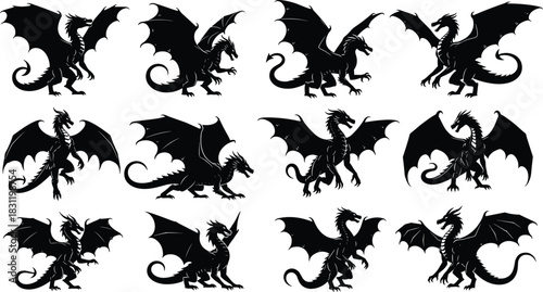 Dragon silhouette icon set, black vector fantasy creatures, winged mythological designs, flying crouching upright poses, monster illustration pack