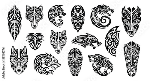 Vector tribal wolf masks collection, artistic animal designs, graphic illustration set, isolated on white background, detailed patterns, creative artwork viewpoint